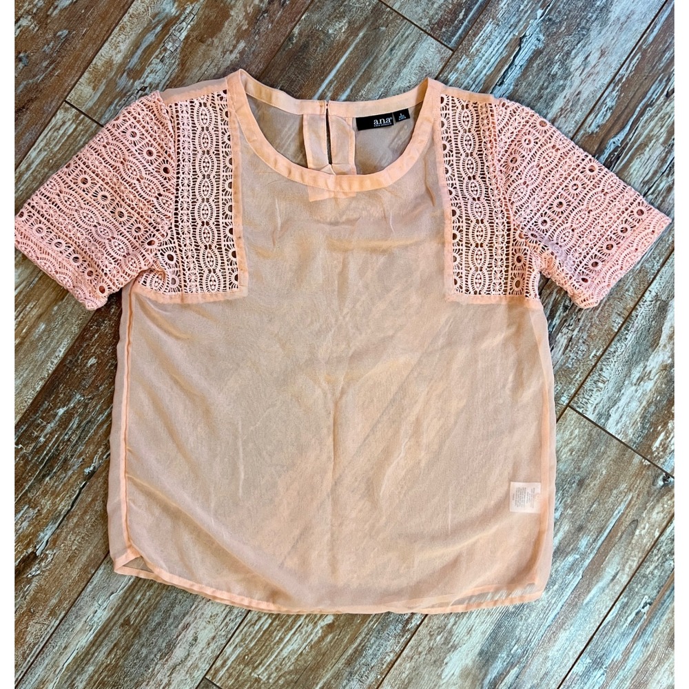 a.n.a Womens Peach Sheer Crochet Lace Short Sleeve Blouse Top Small